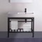 Modern Ceramic Console Sink With Counter Space and Matte Black Base, 32